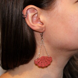 Pink Fan Earrings Rose Lace Earrings Salmon Crochet Earrings Coral Filigree Earrings image 4