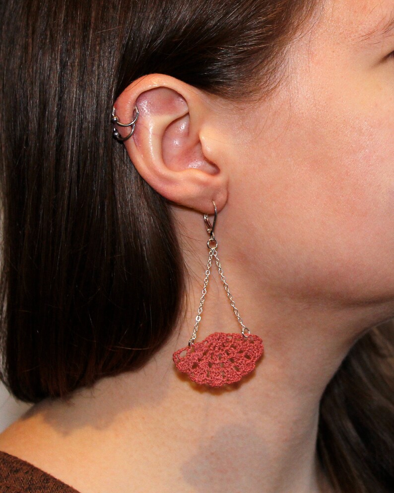 Pink Fan Earrings Rose Lace Earrings Salmon Crochet Earrings Coral Filigree Earrings image 4