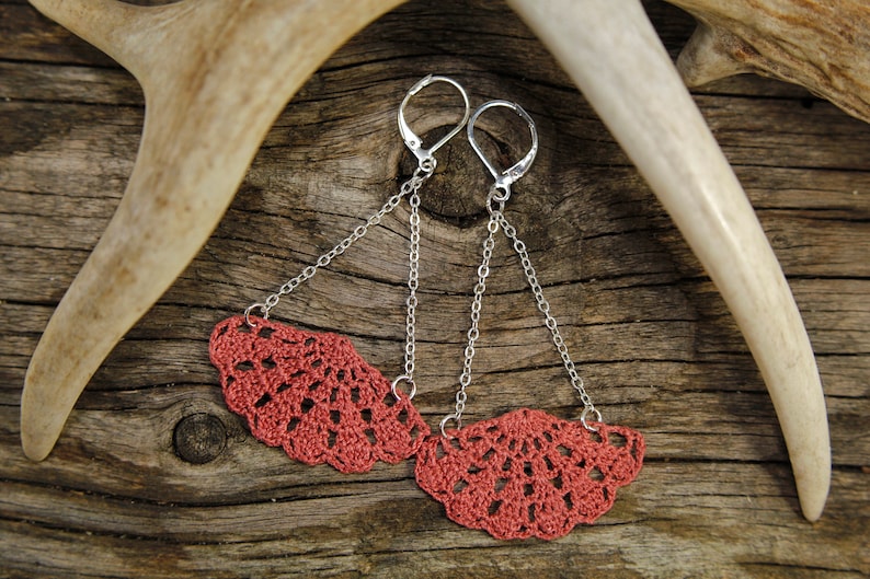 Pink Fan Earrings Rose Lace Earrings Salmon Crochet Earrings Coral Filigree Earrings image 1