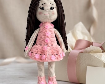 Brunette Crochet Doll with Removable Outfit, 12 Inch Amigurumi, Handmade Keepsake Gift