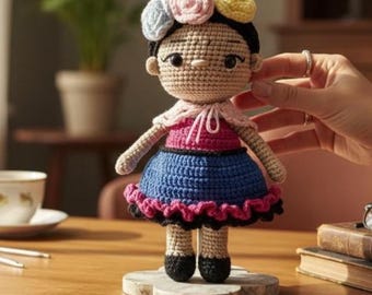 Handmade Crochet Artist Doll, Mexican Inspired Amigurumi, Frida Kahlo