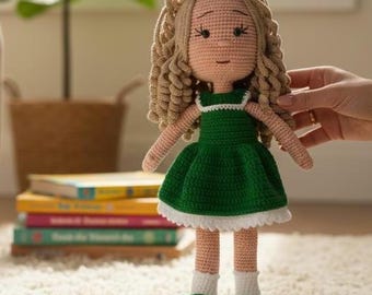 Blonde Crochet Doll with Curly Hair, Handmade Amigurumi Girl Doll, Soft Plush Toy