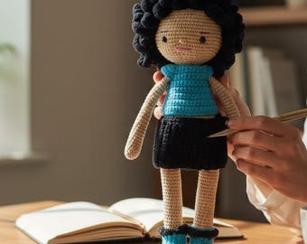 Curly Hair Doll, 27 cm Soft Amigurumi Girl, Plush Knit Doll, Gift for Daughter