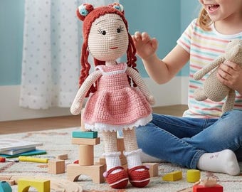 Handmade Crochet Girl Doll, Removable Dress, Soft Amigurumi Plush, 34 cm