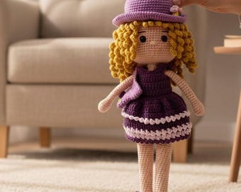 Handmade Crochet Doll with Removable Dress and Bag, Curly Hair Amigurumi Girl