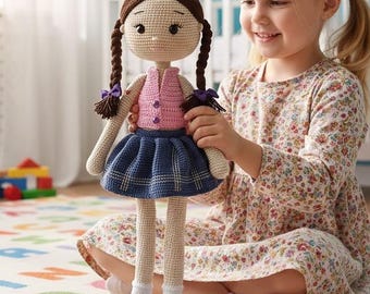 Large Handmade Crochet Doll with Bendable Legs, 49 cm Amigurumi Doll, Heirloom Gift