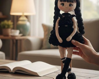 Crochet Gothic Doll, Handmade Amigurumi Doll with Removable Clothes, Articulated Knitted Toy