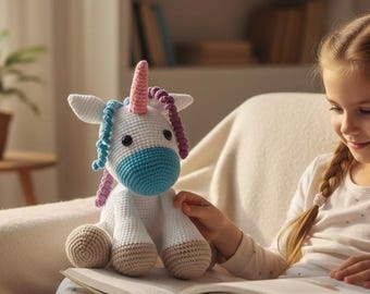 Handmade Crochet Unicorn Plush Toy, Sitting Amigurumi Animal, Nursery Decor Gift