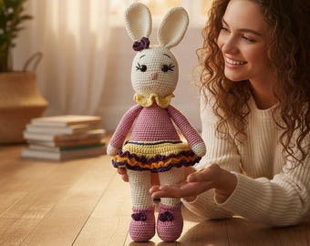 Handmade Crochet Bunny Doll with Dress, Nursery Decor Gift, Amigurumi Toy