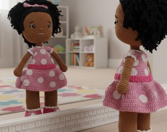 Handmade African American Amigurumi Doll, Polka Dot Dress, Nursery Decor (37cm)