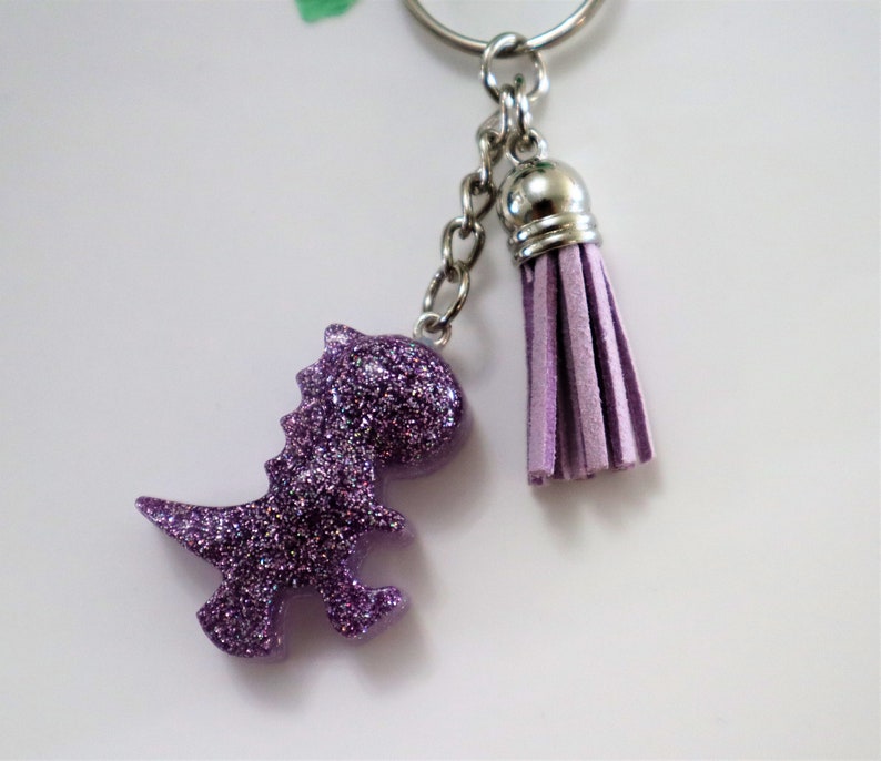 Lavender T-Rex dino keychain with tassel