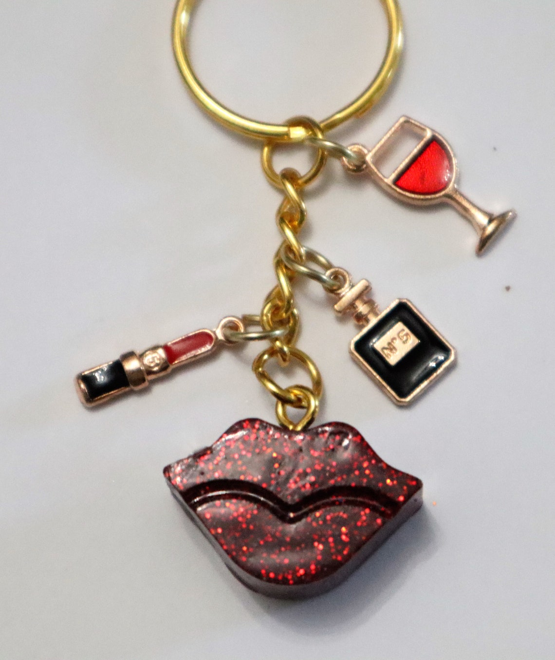 Red Glitter Lips Keychain With 3 Enamel Charms Lipstick Etsy