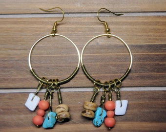 Wire Wrapped Gold Hoop Boho Coconut Shell, Turquoise, White Shell, Pink Lava Rock | Eclectic Earrings | Beach Earrings | Spring Earrings