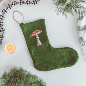 Mushroom Christmas Stocking, handfelted stocking, Hygge Holiday decor, Whimsical Forest theme, toadstool decor, fly agaric, handmade holiday