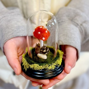 Bell cloche felted toadstool, fairy ring, felted mushroom, terrarium art, tiny fairy garden, felted wool art, spring decor, gift for her