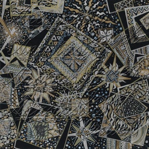 May include: Abstract art painting with a black background and geometric shapes in gold, silver, and blue. The shapes are layered and overlapping, creating a sense of depth and movement.
