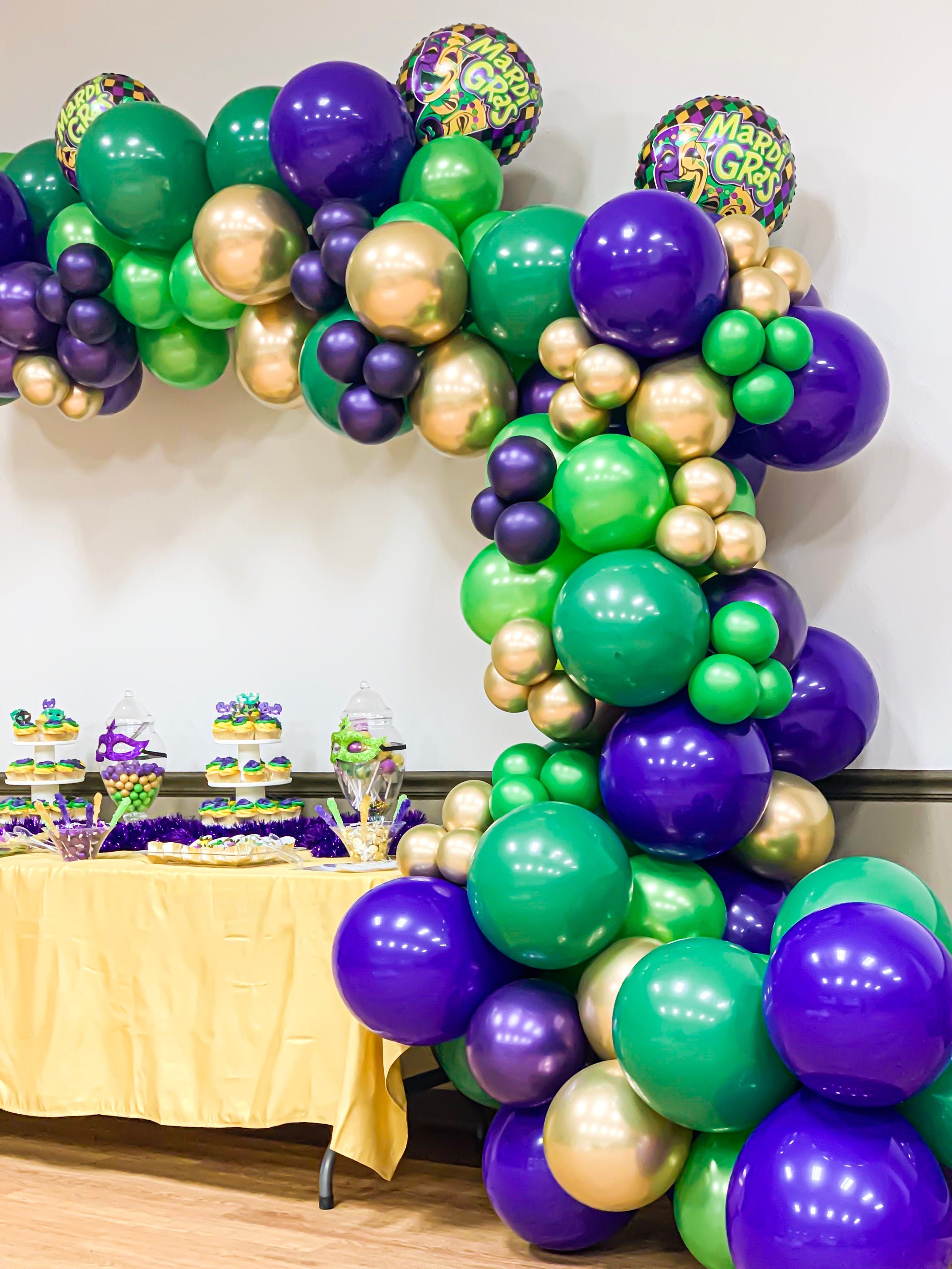 113 Pcs Mardi Gras Decorations Set Fat Tuesday, Tail Moon Balloons, Paper Confetti, Purple Green and Gold Balloon Garland Arch Kit for Birthday