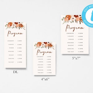 Modello per programma di matrimonio floreale autunnale, cancelleria per ambientazione, programma di matrimonio modificabile, biglietto per l'ordine degli eventi autunnali, cartelli per il giorno del matrimonio