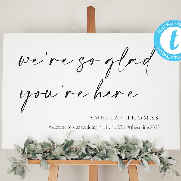 We're So Glad You're Here, Wedding Sign Template, Personalised Sign, Wedding Welcome Sign, Modern Wedding Reception Sign, Editable Sign