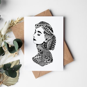 Audrey Hepburn Kaart, Audrey Hepburn Wenskaart, Zwart-Wit Kaart, Audrey Hepburn Print, Zentangled Audrey Hepburn, Instant Download