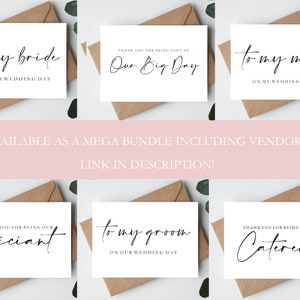 May include: Six white cards with black calligraphy text. The cards say "to my bride", "Our Big Day", "to my mom", "officiant", "to my groom", and "Caterer".