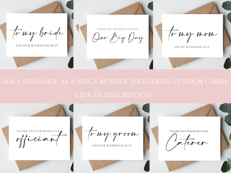 May include: Six white cards with black calligraphy text. The cards say "to my bride", "Our Big Day", "to my mom", "officiant", "to my groom", and "Caterer".