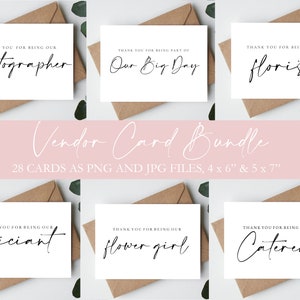 May include: A set of six printable thank you cards for wedding vendors. The cards are white with black calligraphy text. The text on the cards reads: "Thank you for being our photographer", "Thank you for being part of our big day", "Thank you for being our florist", "Thank you for being our officiant", "Thank you for being our flower girl", and "Thank you for being our caterer".