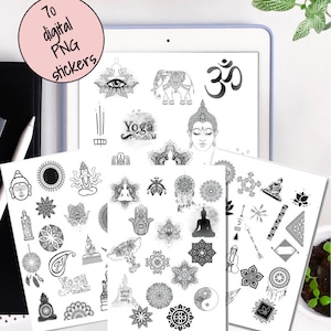 Precropped Boho Digital Planner Stickers, Buddha Sticker Set, Yoga Stickers Meditation stickers, Black and White Stickers, Goodnotes Planner