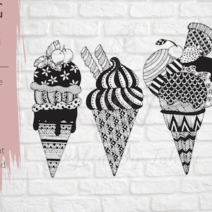 PNG SVG file, Zentangled Ice Cream, Ice Cream png and svg, transparent background, instant download, black and white, ice cream gift
