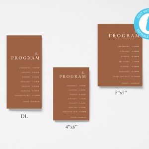 May include: Two brown card templates for a wedding program. The larger card is 5 inches by 7 inches and the smaller card is 4 inches by 6 inches. Both cards have the word "PROGRAM" in white text at the top. The text on the cards lists the wedding events with times. The text on the larger card also includes the names "Olivia & Lachlan".