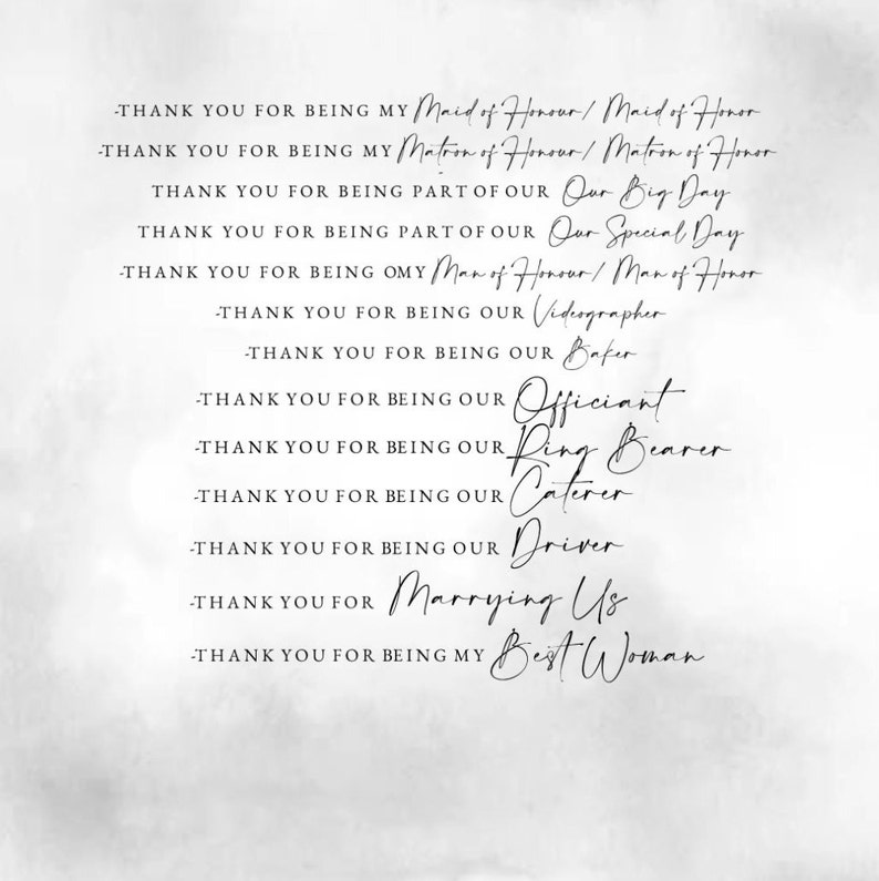 May include: A handwritten thank you note with a list of roles and titles for wedding party members. The text includes "Maid of Honor", "Matron of Honor", "Officiant", "Ring Bearer", "Caterer", "Driver", "Marrying Us", and "Best Woman".