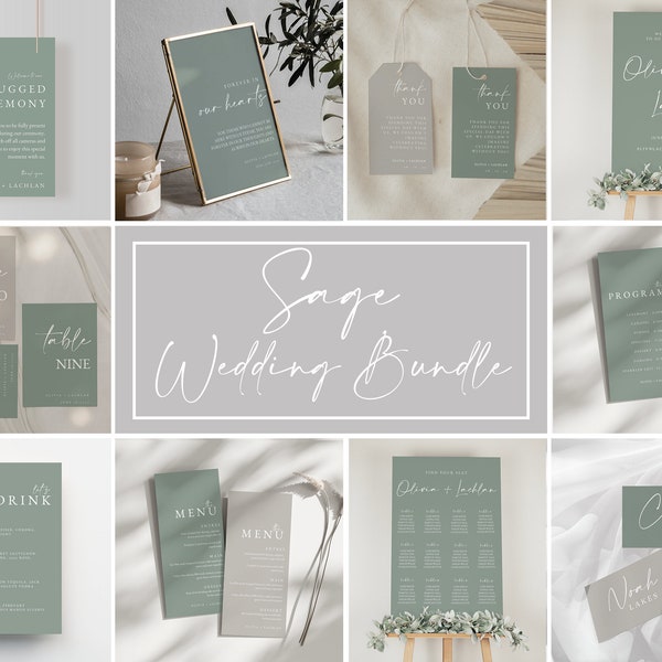 Sage Wedding Stationery Bundle, Printable Save The Date, Green Wedding Signs, Digital Download, Wedding Template, Customised Wedding Sign