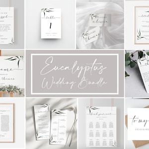 Artigos de papelaria editáveis para casamento, artigos de papelaria para casamento de eucalipto, menu de casamento para impressão, placa de casamento moderna, download digital, placa personalizada