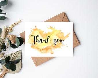 Thank You Card, Greeting Cards, Thank you Greeting Card, Yellow Watercolour Card, Yellow Greeting, Yellow Thank You Greeting Card