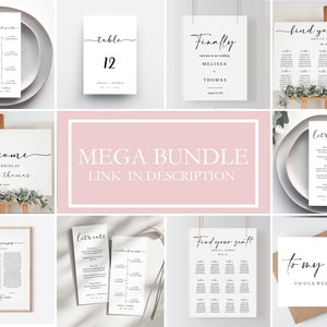 May include: A collection of printable wedding signs in a minimalist style with black calligraphy text. The signs include a welcome sign, table number sign, seating chart, menu, and a sign that says "to my groom".
