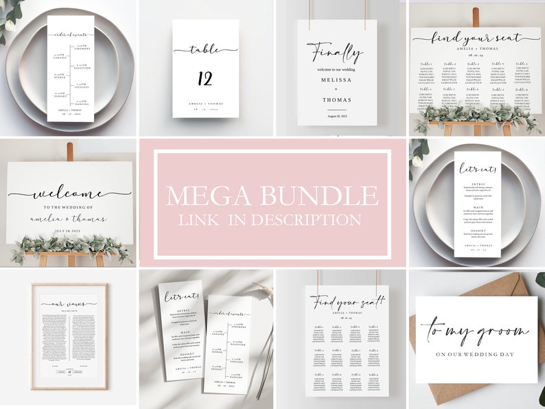 May include: A collection of printable wedding signs in a minimalist style with black calligraphy text. The signs include a welcome sign, table number sign, seating chart, menu, and a sign that says "to my groom".