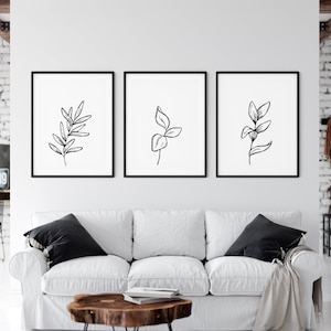 Botanical Print Set of 3 Black and White, Minimalist Leaves Wall Art, Leaf Printable Art, Large Art, Large Poster, Boho Print, Scandi Print