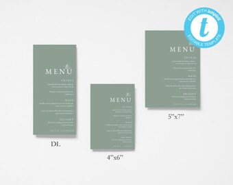 Plantilla de menú de boda Sage: Estilo minimalista (Descarga digital)