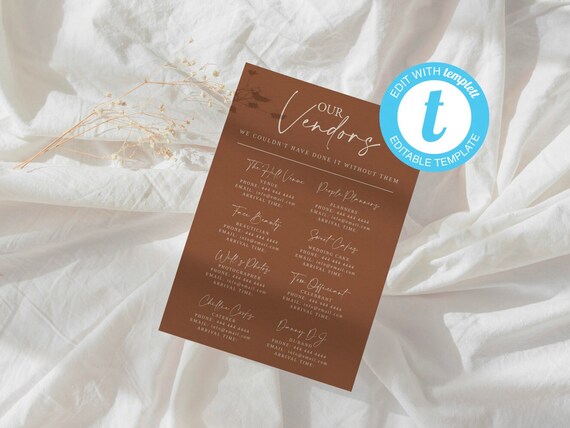 Rust Wedding Vendor List Template: Editable Minimalist Design (Digital Download)