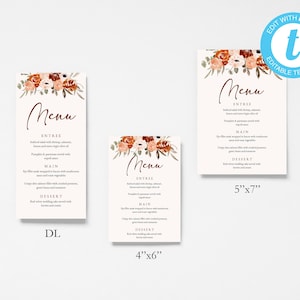 Fall Floral Wedding Menu Template: Terracotta Rustic Design (Digital Download)