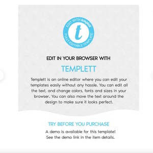 Puede incluir: Un gr&aacute;fico azul y blanco con el texto "EDIT WITH TEMPLETT" y "EDIT IN YOUR BROWSER WITH TEMPLETT". El gr&aacute;fico tambi&eacute;n incluye el texto "Templett es un editor en l&iacute;nea donde puedes editar tus plantillas f&aacute;cilmente sin ning&uacute;n problema. Puedes editar todo el texto y cambiar los colores, las fuentes y los tama&ntilde;os en tu navegador. Tambi&eacute;n puedes mover el texto alrededor del dise&ntilde;o para asegurarte de que se vea perfecto." y "TRY BEFORE YOU PURCHASE A demo is available for this template! See the demo link in the item details."