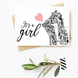 Het is een meisje kaart, baby meisje kaart, wenskaart, baby douche kaart, baby meisje baby douche, baby douche cadeau, baby meisje cadeau, giraffe kaart