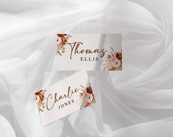 Plantilla para tarjeta de lugar de boda con flores de terracota (descarga digital)