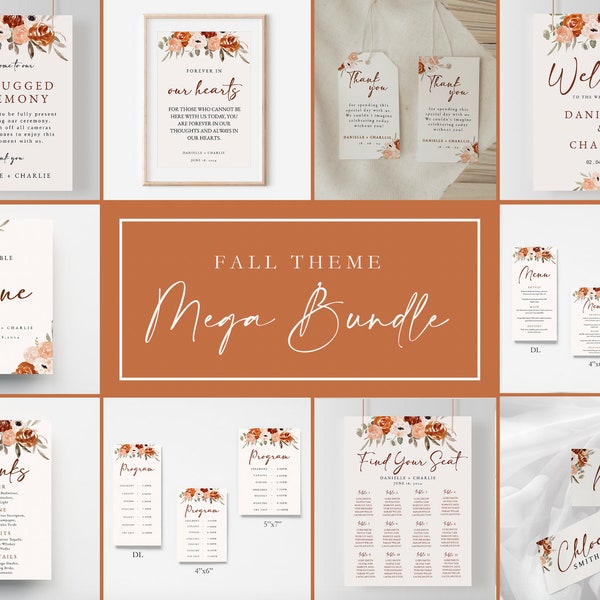 Terracotta Wedding Bundle Template, Fall Wedding Stationery Bundle, Autumn Wedding Sign Set, Printable Wedding Signage, Editable Download