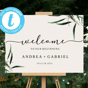 Welcome To Our Beginning, Eucalyptus Welcome Sign Template, Instant Download, Editable Foliage Welcome Sign Landscape, Printable Sign