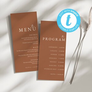 May include: Two brown cards with white text. The first card is a menu with the heading "The Menu" and lists the entree, main, and dessert. The second card is a wedding program with the heading "The Program" and lists the ceremony, canapes, dinner, speeches, dessert, dancing, and sparkler exit times. Both cards have the names Olivia and Lachlan at the bottom.