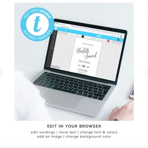 Puede incluir: Un ordenador port&aacute;til que muestra una plantilla de invitaci&oacute;n de boda en un sitio web. La plantilla es editable y presenta el texto "Charlotte & Samuel" y la fecha "S&aacute;b 24 | Sep". El sitio web se llama "templett".
