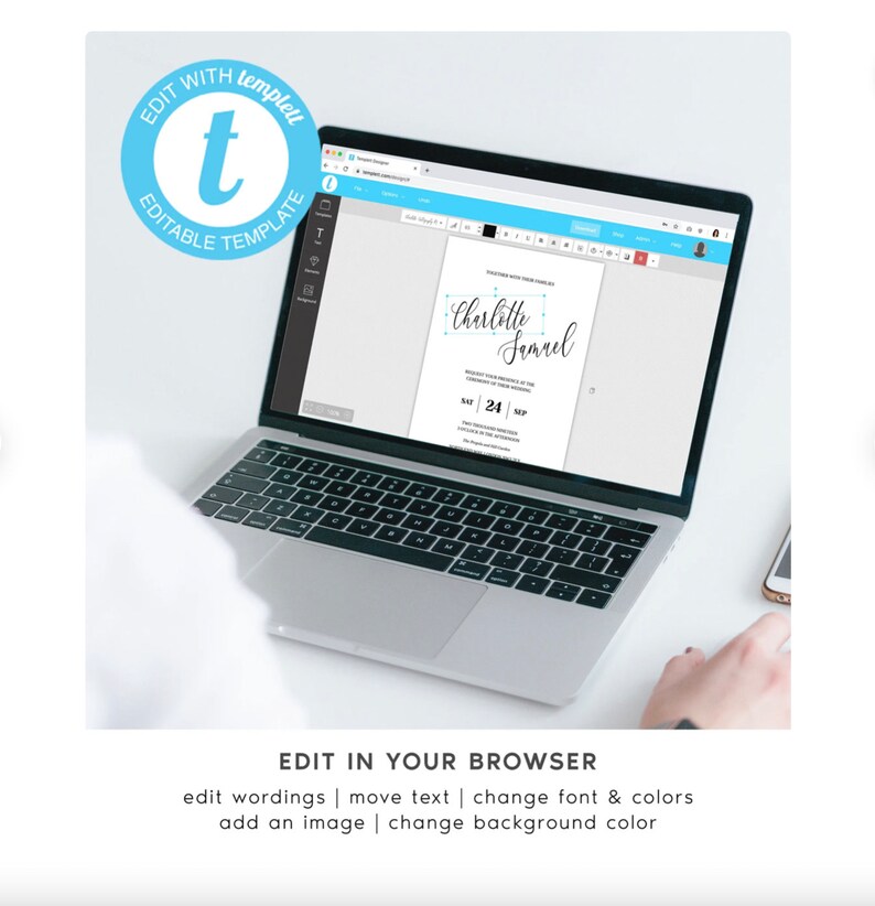 Puede incluir: Un ordenador port&aacute;til que muestra una plantilla de invitaci&oacute;n de boda en un sitio web. La plantilla es editable y presenta el texto "Charlotte & Samuel" y la fecha "S&aacute;b 24 | Sep". El sitio web se llama "templett".