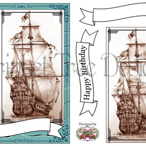 Galleon Sailing Ship Printable Card Toppers - Etsy