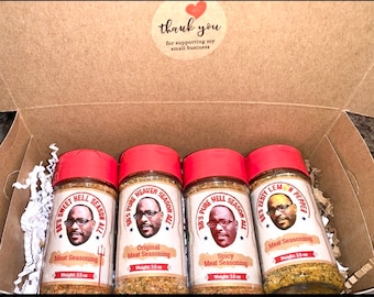 May include: Four glass jars of BBQ seasoning with red lids and labels. The labels feature a man's face and the text "BB's Pure Heaven Season All". The flavours are "Sweet Hell", "Original", "Spicy", and "Zesty Lemon Pepper". Each jar contains 3.5 oz of seasoning.
